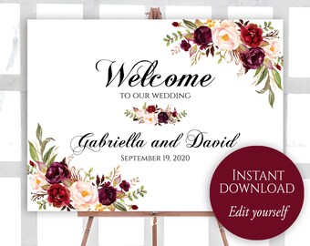 Welcome To Our Wedding, Editable Wedding Signs, Landscape Welcome Sign, Horizontal, Burgundy Sign, Marsala, Printable Welcome Sign, Template