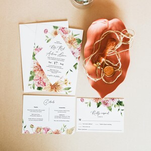 Peony And Dahlia Wedding Invitation Set Templates, Editable Wedding Invitation Suite, Printable Rustic Wedding Invitation Set, Templett, C64
