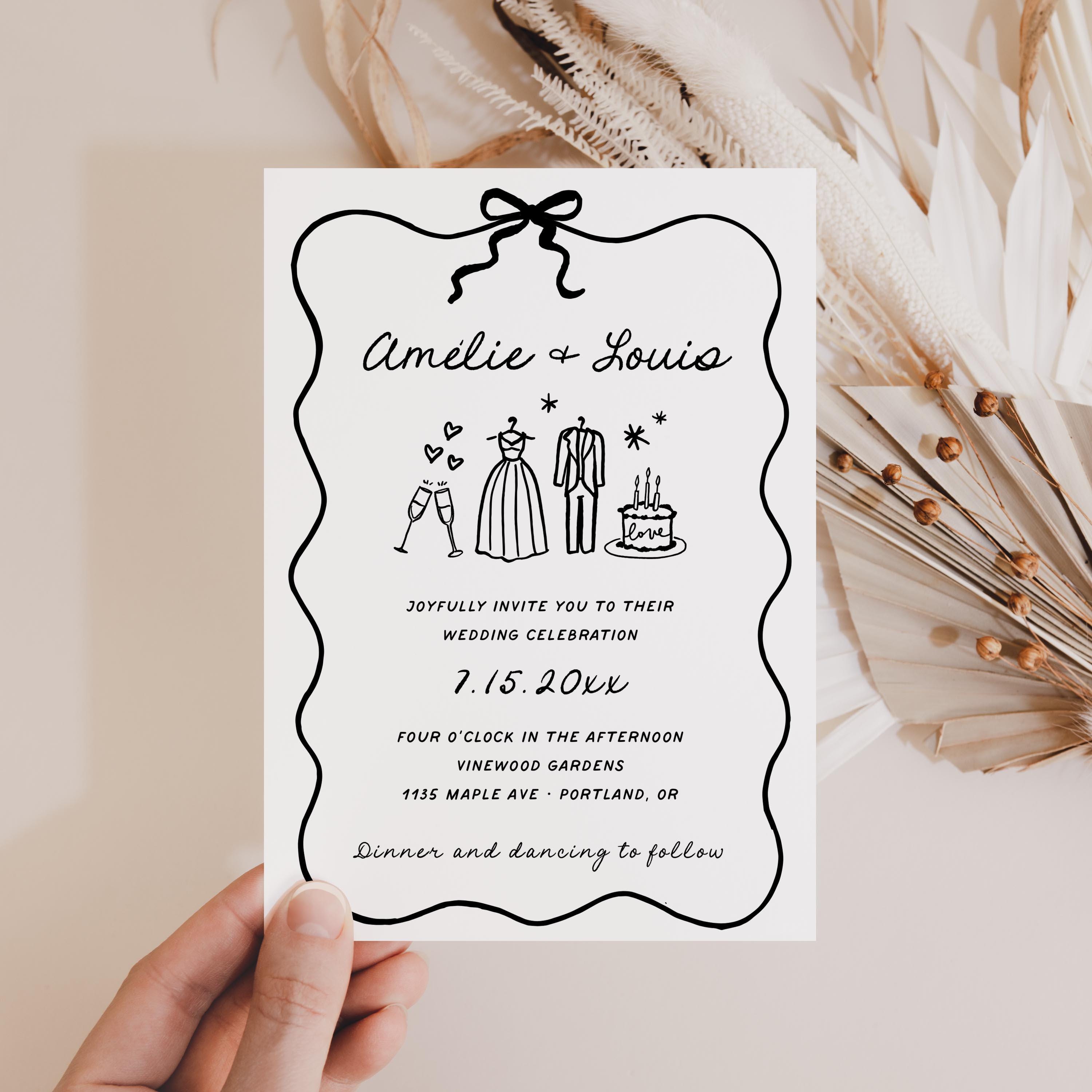 Conjunto de invitaciones de boda de inspiración francesa, conjunto de  invitaciones de boda con borde ondulado, conjunto de plantillas de  invitación con cinta, plantilla de garabatos dibujados a mano, C113 - Etsy, image size:3000x3000