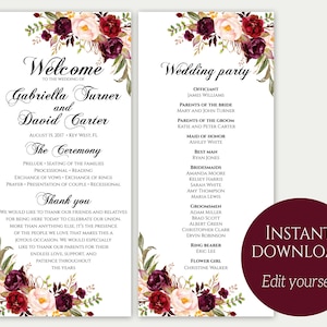 Wedding Program Template, Ceremony Template, Wedding Program Printable, Order Of Ceremony, Editable Wedding Program, Download PDF, Marsala