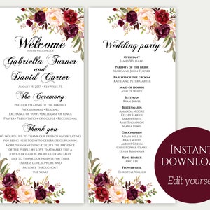 Wedding Program Template, Ceremony Template, Wedding Program Printable, Order Of Ceremony, Editable Wedding Program, Download PDF, Marsala