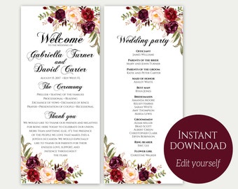 Wedding Program Template, Ceremony Template, Wedding Program Printable, Order Of Ceremony, Editable Wedding Program, Download PDF, Marsala