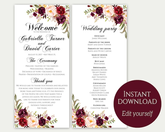 wedding program template ceremony template wedding program etsy