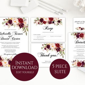 Wedding Invitation Template, Invitation Suite Template, Marsala Wedding Invitation, Editable Wedding Invite, Instant Download, Printable image 1