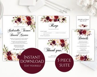 Wedding Invitation Template, Invitation Suite Template, Marsala Wedding Invitation, Editable Wedding Invite, Instant Download, Printable