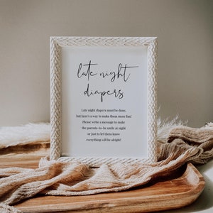 Minimalist Late Night Diapers Sign Template, Simple Late Night Diaper Sign, Modern Diaper Message Game, Baby Shower Activity, Templett, C85