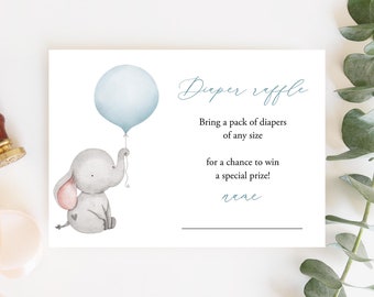 Diaper Raffle Card Insert, Boy Diaper Raffle Ticket, Balloon Diaper Raffle Ticket, Elephant Baby Shower Diaper Raffle Printable Templett C72