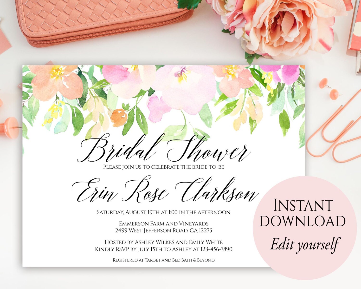 Spring Bridal Shower Invitation Editable Template Bridal