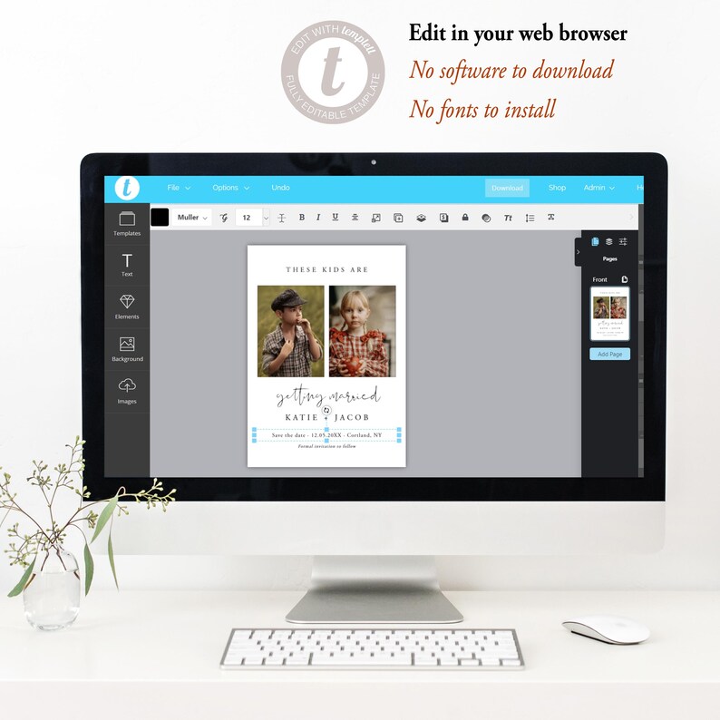 Op de afbeelding: Een digitaal scherm dat een sjabloon voor een huwelijksaankondiging weergeeft met twee foto's van kinderen. De tekst luidt "Deze kinderen gaan trouwen Katie & Jacob Save the date: 12.01.20XX, Cortland, NY Formele uitnodigingen volgen."