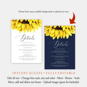 Sunflower Wedding Invitation Template, 5 Piece Set, Editable Wedding Invitation Suite, Printable Rustic Wedding Invitation Set, Templett C32 image 5