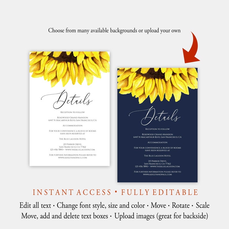 Sunflower Wedding Invitation Template, 5 Piece Set, Editable Wedding Invitation Suite, Printable Rustic Wedding Invitation Set, Templett C32 image 5