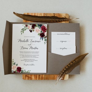 Burgundy Pocket Wedding Invitation Template, Printable Pocket Fold Wedding Invitation Suite, Editable Stacked Invite And Inserts Templett C6