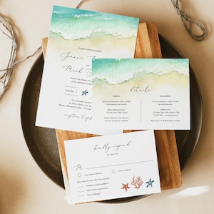 Seashore Wedding Invitation Set Template Download, Editable Beach Wedding Invitation Suite Ocean, Printable DIY Invite Sand, Templett C56 image 1