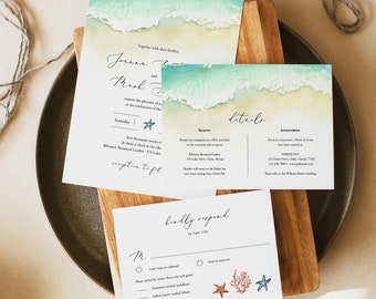 Seashore Wedding Invitation Set Template Download, Editable Beach Wedding Invitation Suite Ocean, Printable DIY Invite Sand, Templett C56