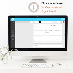 May include: A computer screen displaying a recipe template with the text "recipe" in a cursive font. The template is designed for users to fill in the ingredients, directions, and other details of a recipe. The screen is on a white desk with a white mouse and a keyboard.