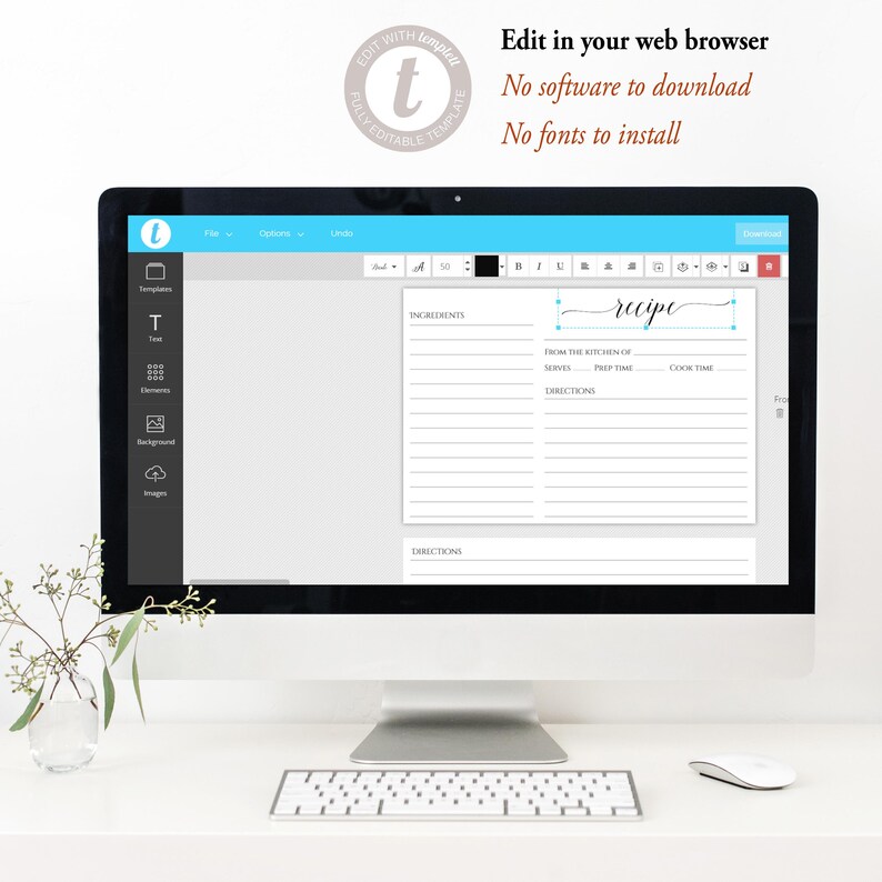 May include: A computer screen displaying a recipe template with the text "recipe" in a cursive font. The template is designed for users to fill in the ingredients, directions, and other details of a recipe. The screen is on a white desk with a white mouse and a keyboard.