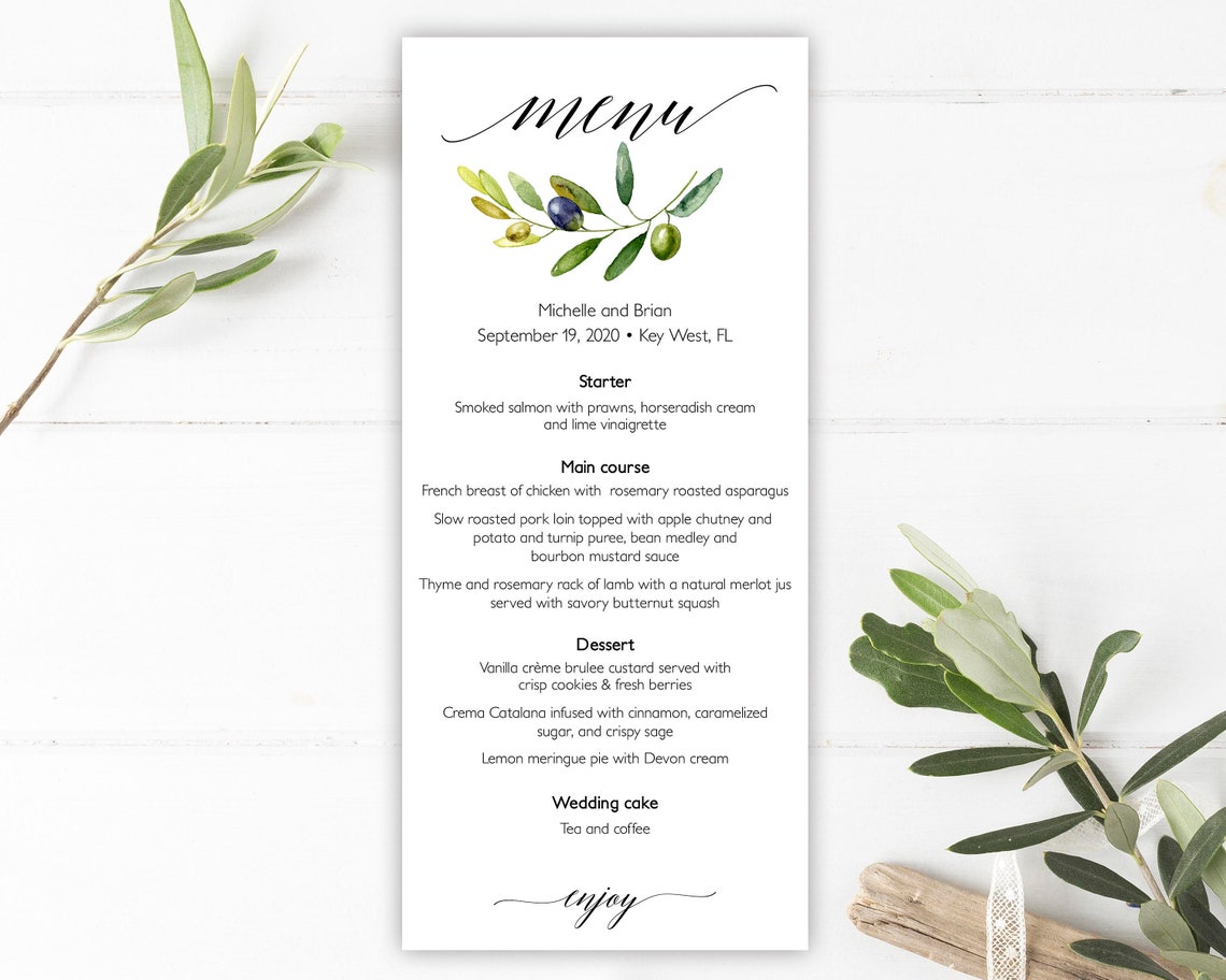 Olive Branch Menu Olive Menu Wedding Menu Template Italian Etsy