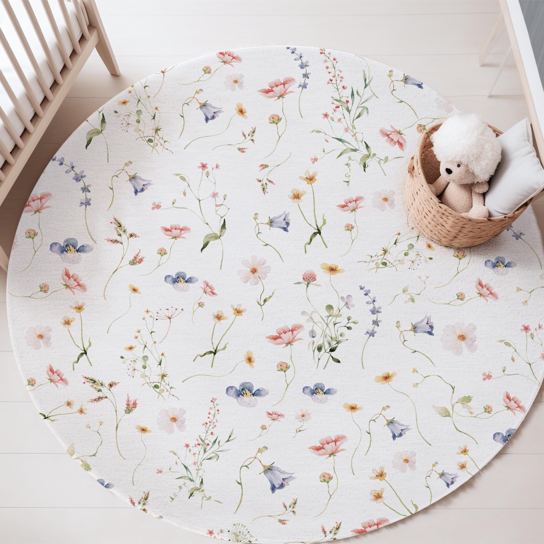 Nursery Rug Texture Wildflower Rug Kids Playroom Mat Floral Nursery Rug Girl Nursery Carpet ...