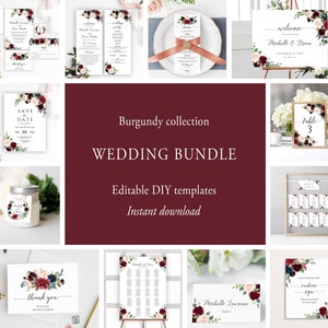 Burgundy Wedding Bundle, Editable Wedding Bundle Template, Printable Boho Wedding Invitation Suite, Merlot Wedding Essentials, Templett C6