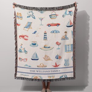 French Riviera Style Blanket Woven Cotton Construction Personalized Custom Text Option Coastal Nautical Design Elements Soft Breathable Throw Mediterranean Home Decor Beach House Living Room Accent Gift Women Vacation Aesthetic Seaside