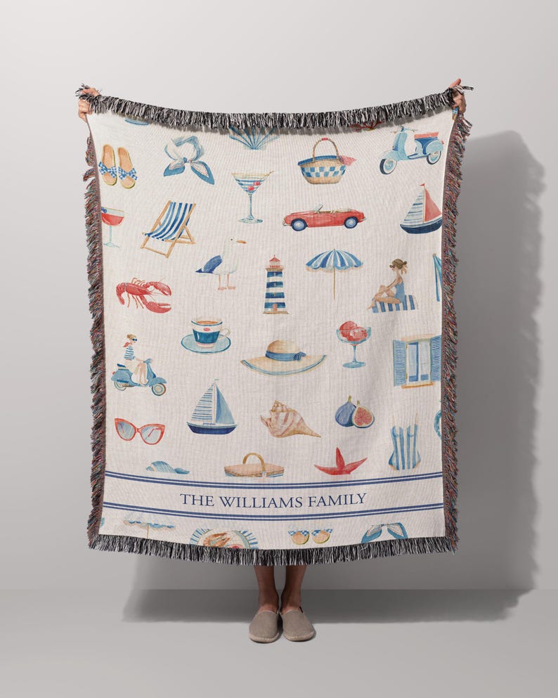 French Riviera Style Blanket Woven Cotton Construction Personalized Custom Text Option Coastal Nautical Design Elements Soft Breathable Throw Mediterranean Home Decor Beach House Living Room Accent Gift Women Vacation Aesthetic Seaside
