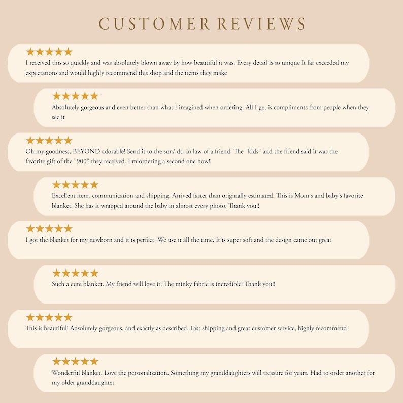 May include: A customer review graphic featuring the heading CUSTOMER REVIEWS in brown text, followed by eight individual five-star ratings and written testimonials displayed in white rounded rectangular boxes on a light beige background.