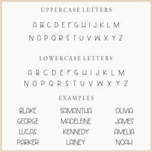 May include: A cream-coloured graphic displaying uppercase and lowercase alphabets, plus example names. Text includes "UPPERCASE LETTERS", "LOWERCASE LETTERS", and "EXAMPLES". The font is a simple, elegant sans-serif style, suitable for various design projects.