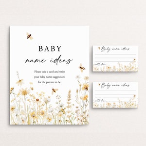 Genderneutraal babynaamideeën bordje en kaart Honey Bee babyshowerspel Wildflower babynaamsuggesties bewerkbare sjabloon DIY Templett C108