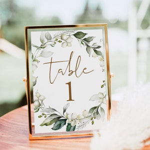 Greenery And Gold Table Number Template, Editable Winter Wedding Table Numbers, Printable Table Number Cards For Dinner, Templett, C81