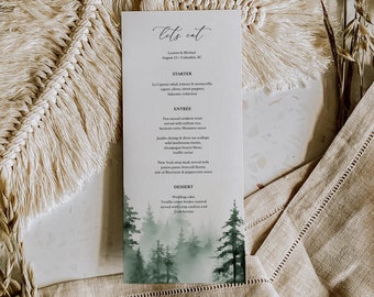 Forest Menu Template Mountain Wedding Menu Printable Dinner Menu Cards Editable Woodland Menu Outdoor Pine Tree Menu Lakeside Templett, C91
