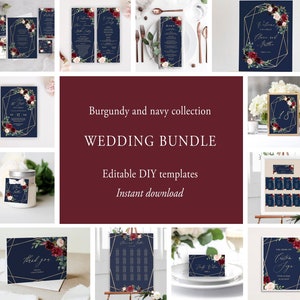 Burgundy And Navy Wedding Bundle, Editable Wedding Bundle Template, Printable Boho Wedding Invitation Suite, Wedding Essentials Templett C14