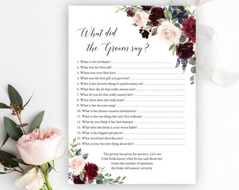 What Did The Groom Say, Fully Editable, What Did He Say About His Bride, Burgundy, Bachelorette Party Game, Instant Download, Templett, C6