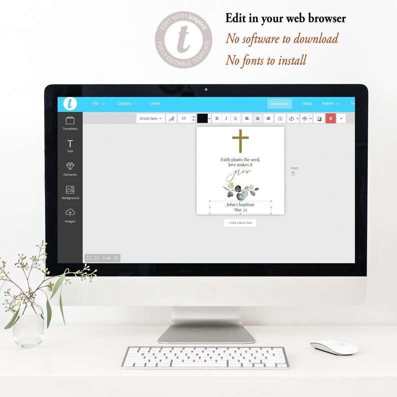 Puede incluir: Una pantalla de ordenador que muestra una plantilla de invitaci&oacute;n de bautismo con una cruz, hojas verdes y el texto "Faith plants the seed, love makes it grow. John's baptism May 21."