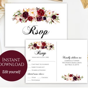 RSVP Postcard, Modello RSVP Postcard, RSVP Stampabile Postcard, Marsala, Cartoline RSVP Matrimonio, Modello Scheda Risposta, RSVP Modificabile, Pdf