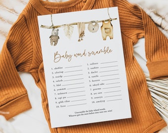 Baby Word Scramble Game Template Hanging Clothes Boy Baby Shower Game Printable Baby Shower Activity Rustic Instant Download Templett, C78