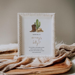 Letrero y tarjetas con el tamaño de la barriga de mamá, plantilla para juego de adivinanzas sobre la barriga de un vaquero, juego de baby shower de niño del salvaje oeste, rodeo, Templett, C86