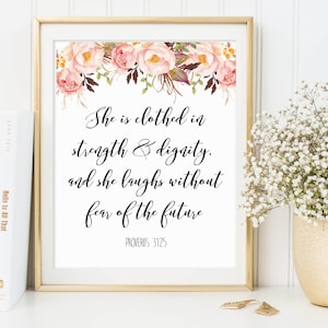 Proverbs 31:25, She Is Clothed In Strength And Dignity, Bible Verse Printable, Calligraphy Verse, Scripture Printable, Christian Printable image 2