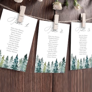 Plantilla para plano de asientos de bosque, tarjetas editables para planos de asientos de bosque, letrero para plano de asientos, plantilla para plano de asientos de boda, Templett, C48
