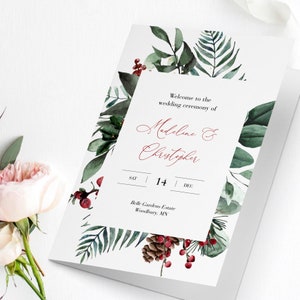 Winter gefaltete Hochzeitsprogramm Vorlage, bearbeitbare gefaltete Zeremonie Vorlage druckbare Weihnachtshochzeitsprogramm Reihenfolge der Zeremonie Templett C57