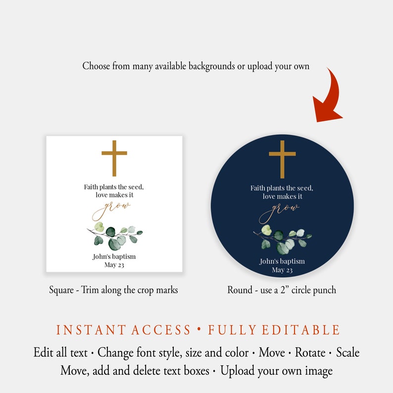 Puede incluir: Dos plantillas de invitaci&oacute;n de bautismo editables, una cuadrada y una redonda. La plantilla cuadrada tiene un fondo blanco con una cruz dorada, hojas verdes y el texto "Faith plants the seed, love makes it grow. John's baptism May 23". La plantilla redonda tiene un fondo azul oscuro con una cruz dorada, hojas verdes y el texto "Faith plants the seed, love makes it grow. John's baptism May 23".