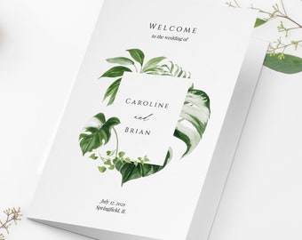 Tropical Folded Wedding Program Template, Editable Ceremony Template, Printable Greenery Wedding Program, Order Of Ceremony, Templett, C36