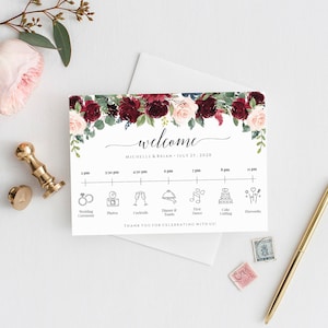Wedding Timeline Template Download, Printable Timeline, Wedding Day Timeline Burgundy, Wedding Itinerary, Order Of Events, Templett, C6
