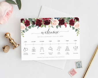 Wedding Timeline Template Download, Printable Timeline, Wedding Day Timeline Burgundy, Wedding Itinerary, Order Of Events, Templett, C6