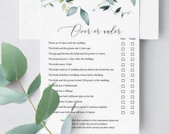 Eucalyptus Over Or Under Game Download, Printable Bridal Shower Game, Editable Over Or Under, Wedding Shower Game Template, Templett, C31