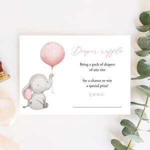 Tarjeta de rifa de pañales para niña impresa Boleto de rifa de pañales para niña Juego de pañales con globos Inserto de rifa de pañales con elefante para baby shower de niña P72