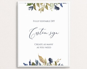 Custom Wedding Sign Template, Fully Editable, Self-Editable Sign, Navy And Greenery Wedding Signs, Printable Personalized Sign, Templett C23