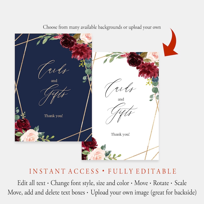 C14 Custom Wedding Sign Template Templett Printable Wedding Signs Floral DIY Wedding Sign Editable Navy And Gold Personalized Sign