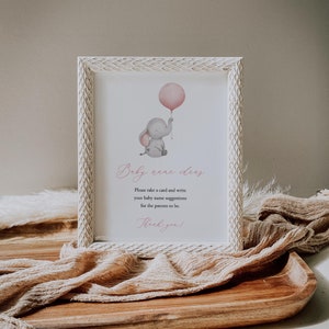 Elefant Baby Name Ideen Zeichen und Tickets, Rosa Ballon Mädchen-Babyparty, Baby Namen Vorschläge Vorlage, druckbare Karte, Templett, C72