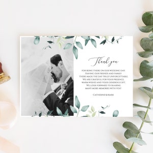 Plantilla de tarjeta de agradecimiento con foto de eucalipto, nota de agradecimiento con foto de boda, carta de agradecimiento con vegetación imprimible, plantilla de agradecimiento editable C31