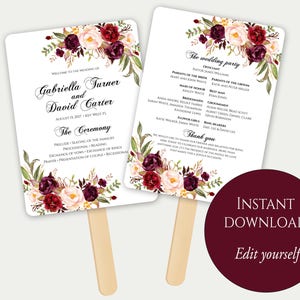 Fan Program Template, Fan Wedding Program, Ceremony Program, Printable Wedding Program, Order Of Ceremony, Editable Wedding Program, Marsala
